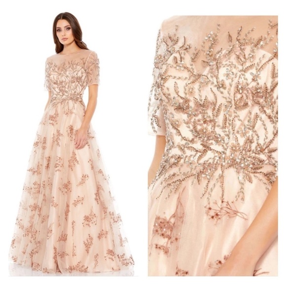 *FLAWED* Mac Duggal 79317 NWT EMBELLISHED ILLUSION CAP SLEEVE A LINE GOWN